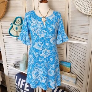Ruby Rd Sky Blue Floral Keyhole Knee Length Dress Size PM Flutter Sleeve
